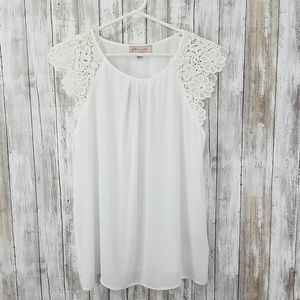 Philosophy apparel pleated lace cap sleeve blouse